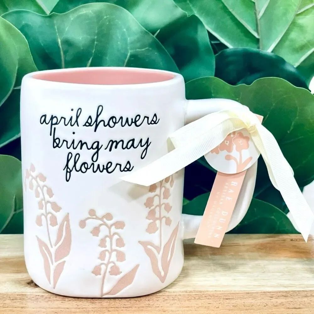 NWT Rae Dunn Gorgeous White off Tan April Showers  Bring May Flowers Carved Mug